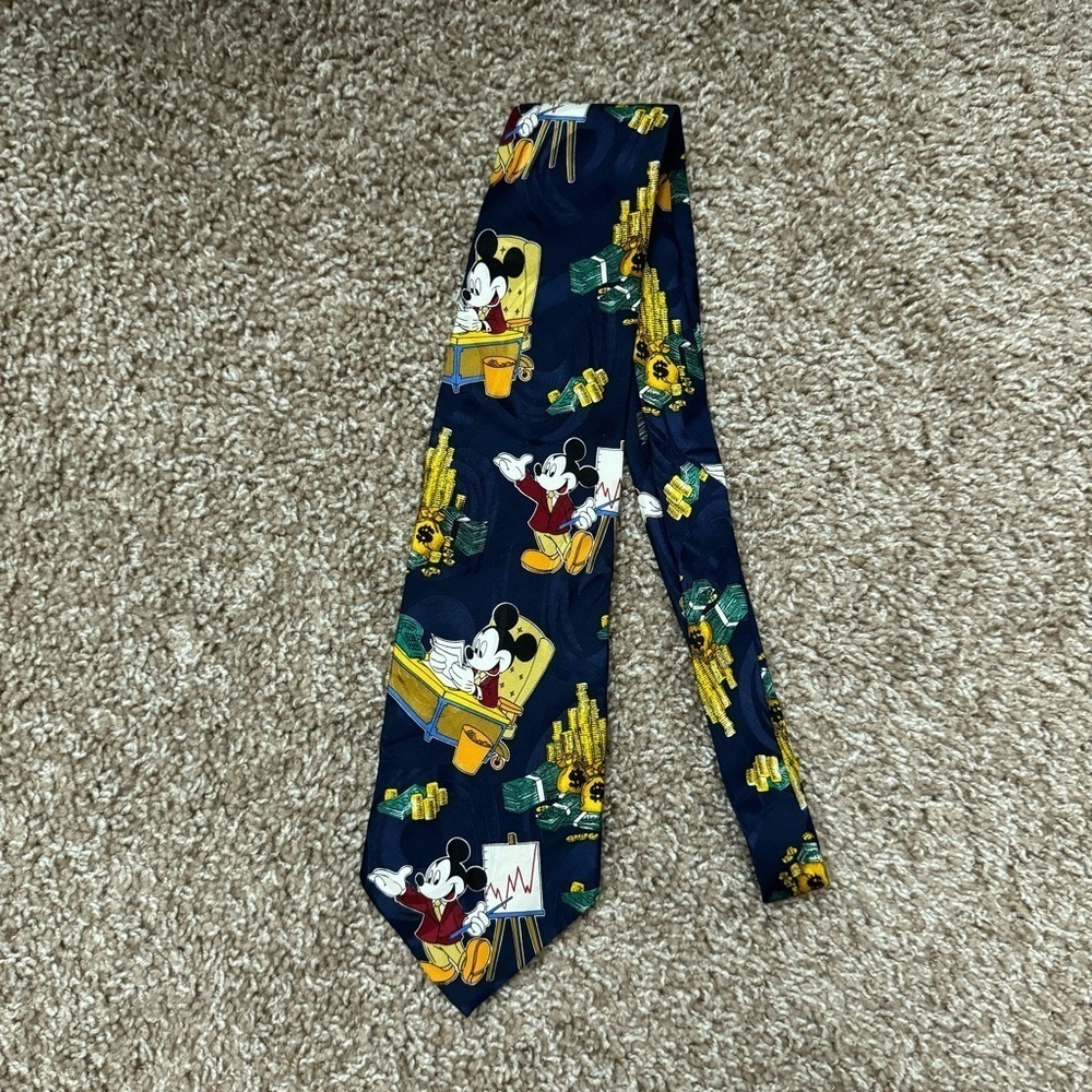 Vintage Disney Mickey Unlimited Business Gold Money Stocks 100% Silk Novelty Tie